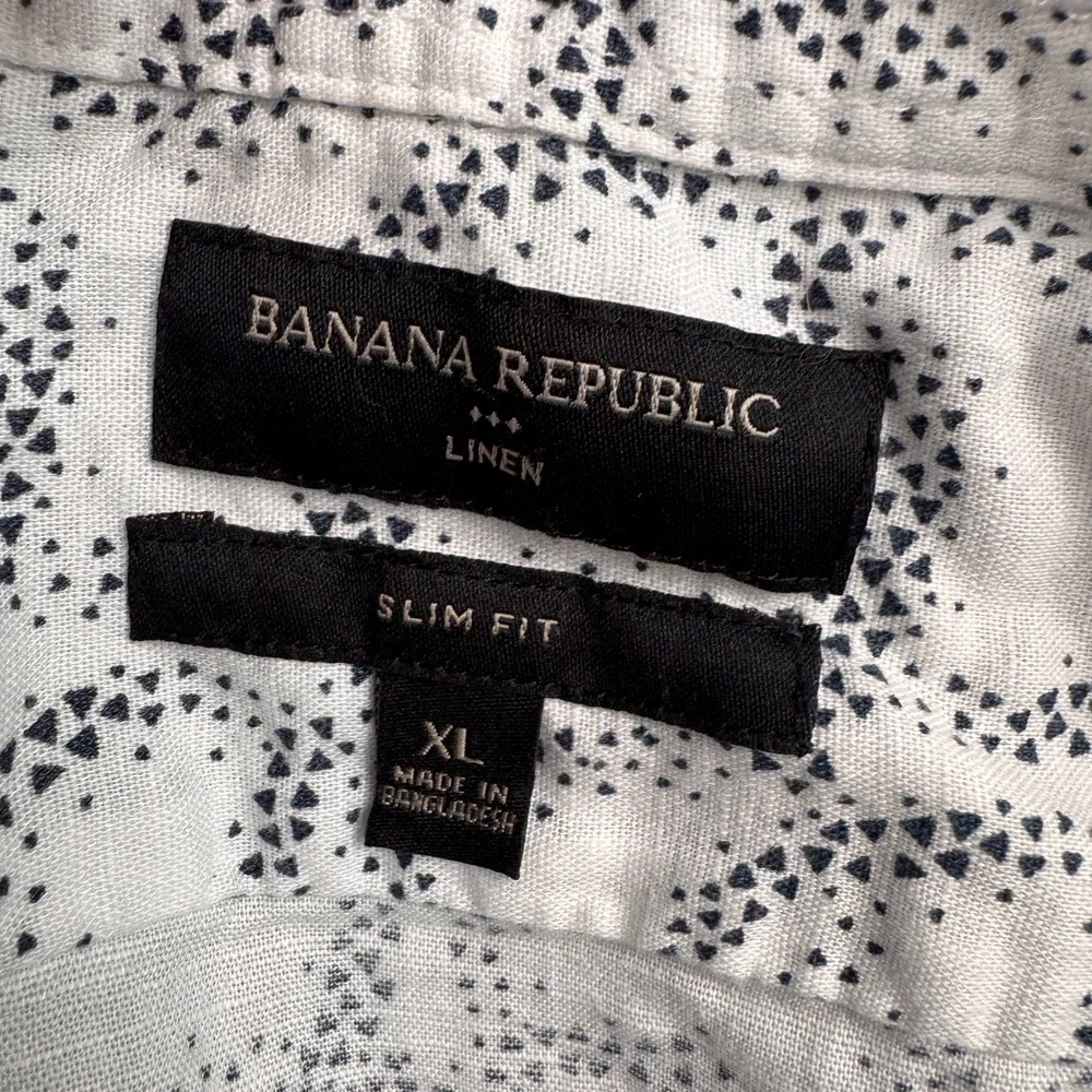 Banana Republic Shirt Mens XL White Navy Linen Blend Slim Fit Button Down Beachy